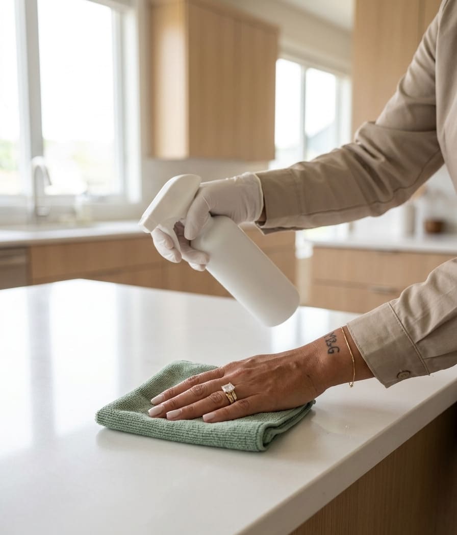 Gloved hand wiping a surface with a microfiber cloth