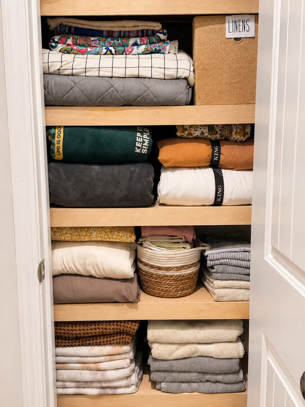 Organized linen closet with folded towels, bedding, and labeled storage basket