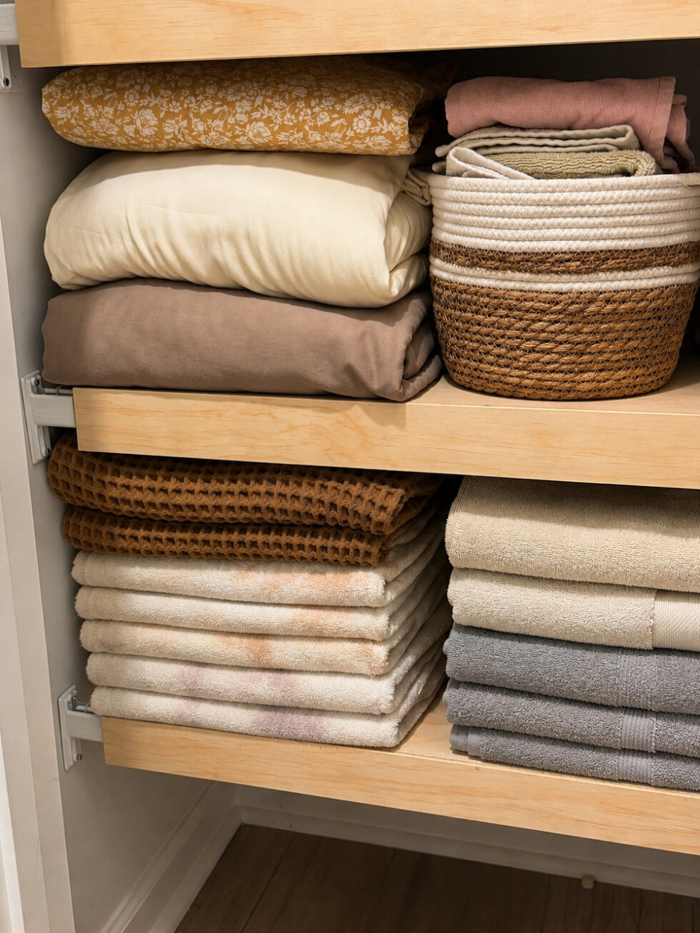 Organized linen closet with folded towels, blankets, and storage baskets