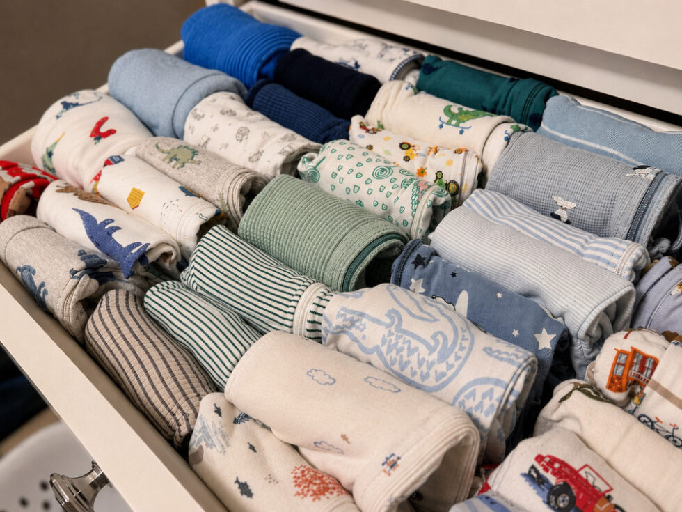 Baby clothes neatly folded and organized in a drawer.