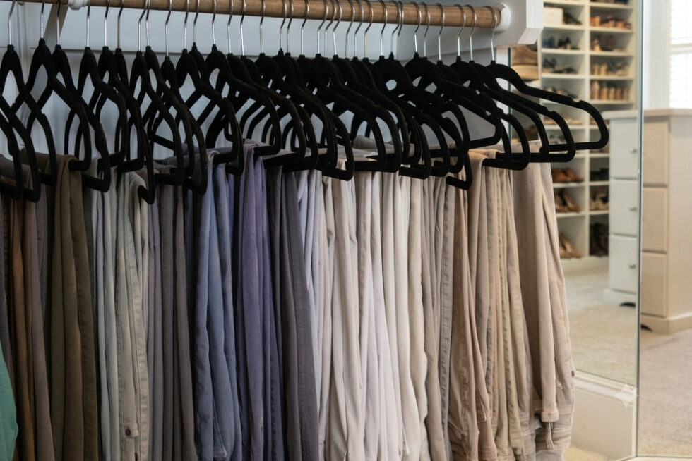Clothes neatly organized by color on matching hangers